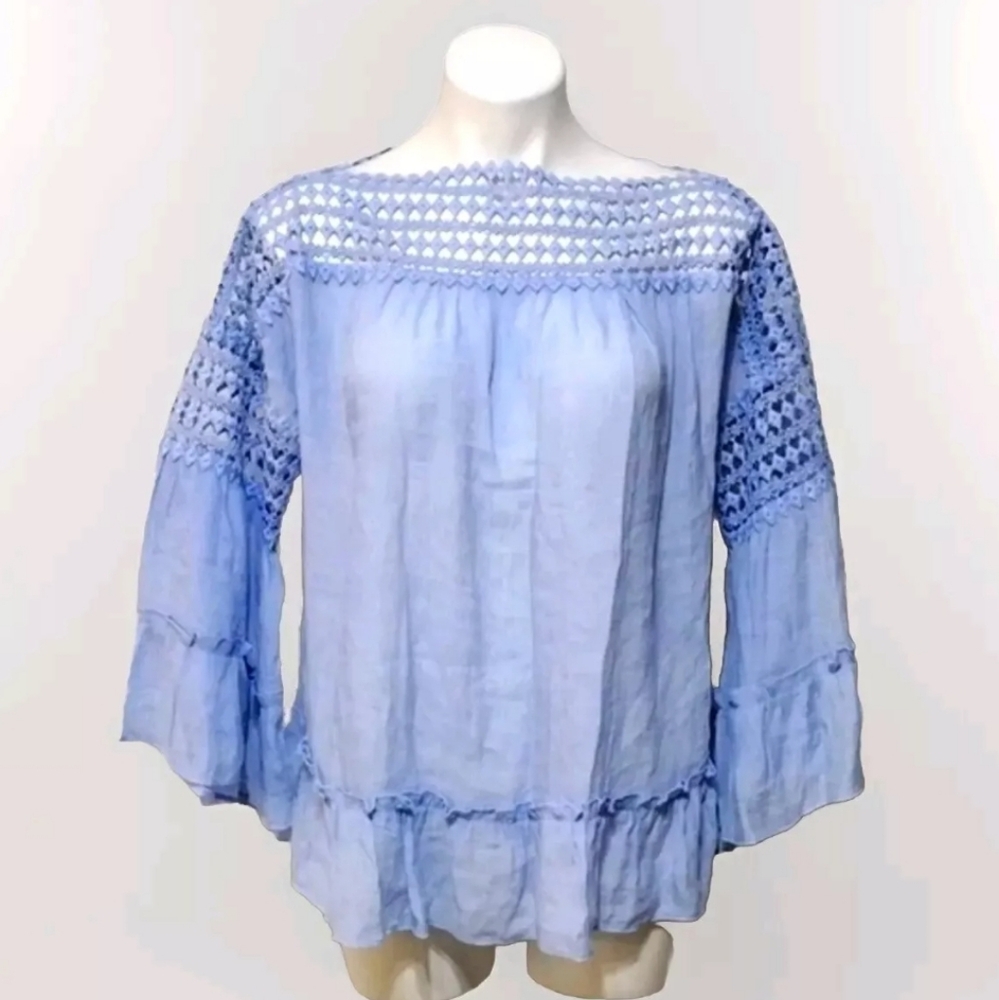 Zac & Rachel Boho Crochet Trim Bell Sleeve Top Small Oversized Peasant Blouse